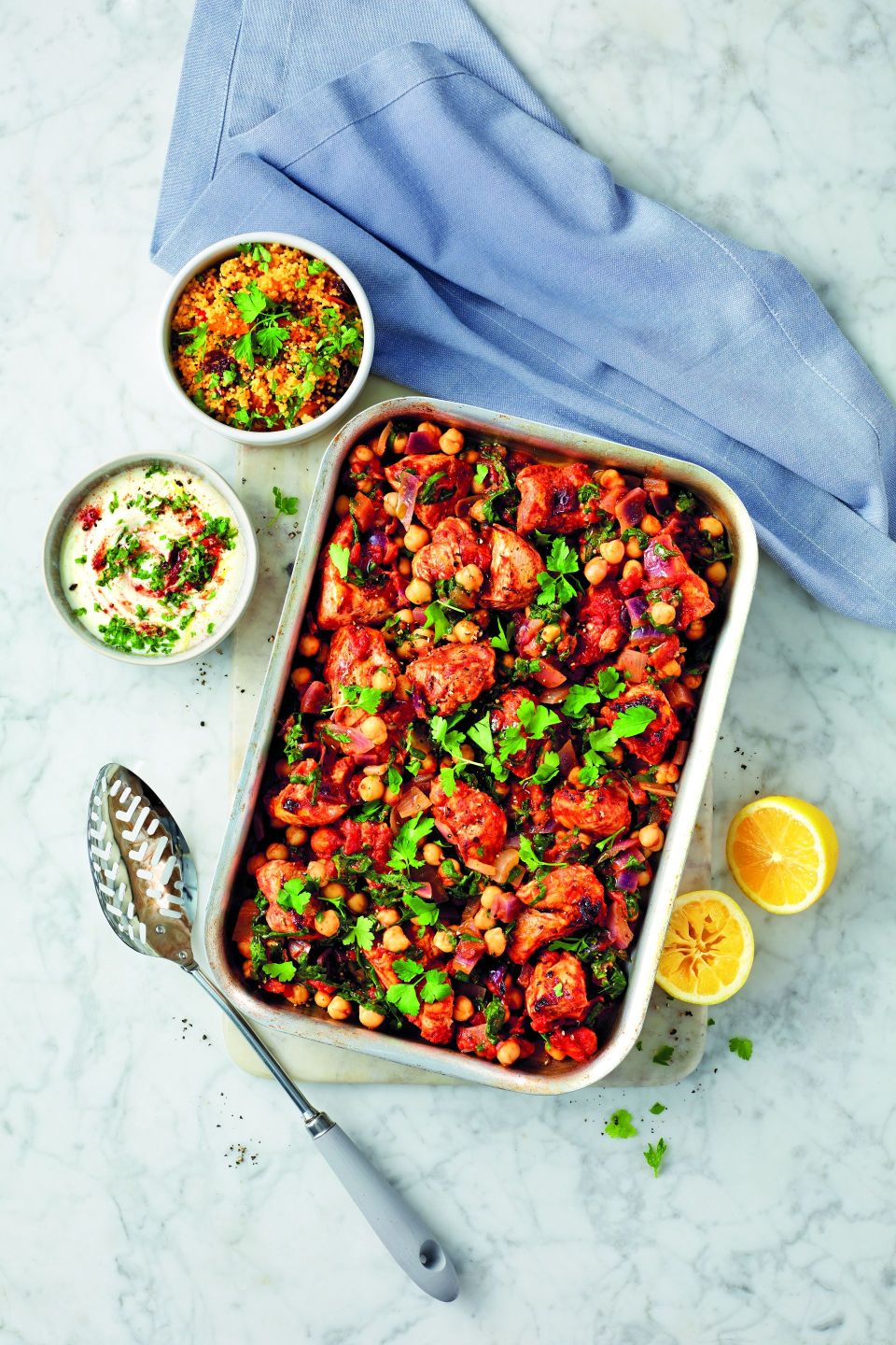 A delicious, fragrant Moroccan chicken traybake