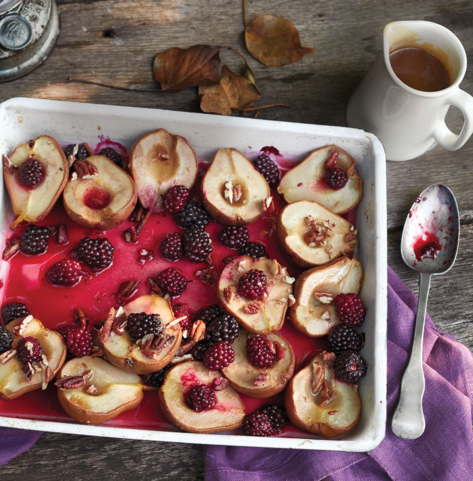 Baked Pears & Blackberries with Butterscotch Sauce