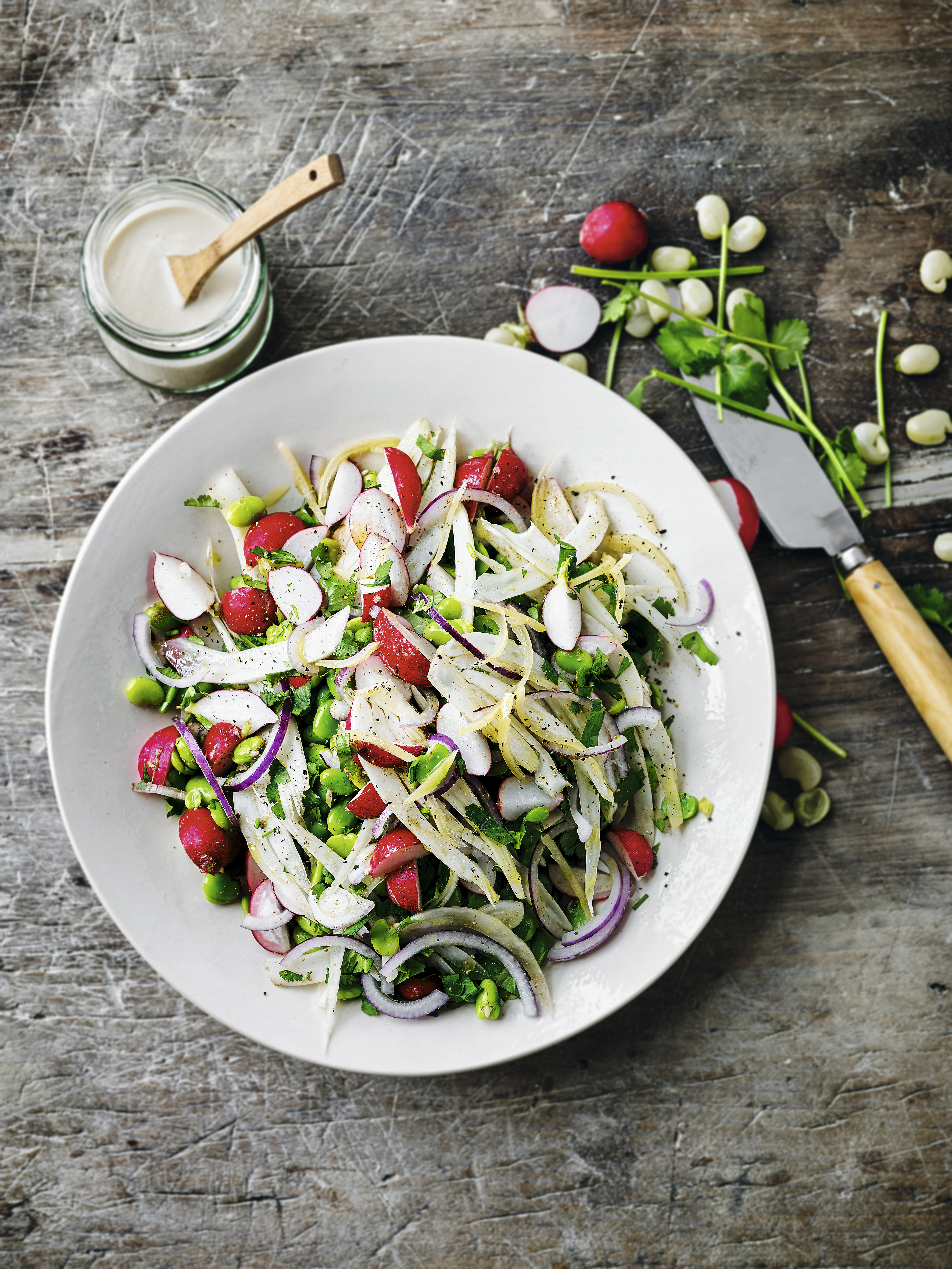 Broad Bean, Fennel & Radish Salad with Lemon & Tahini Dressing