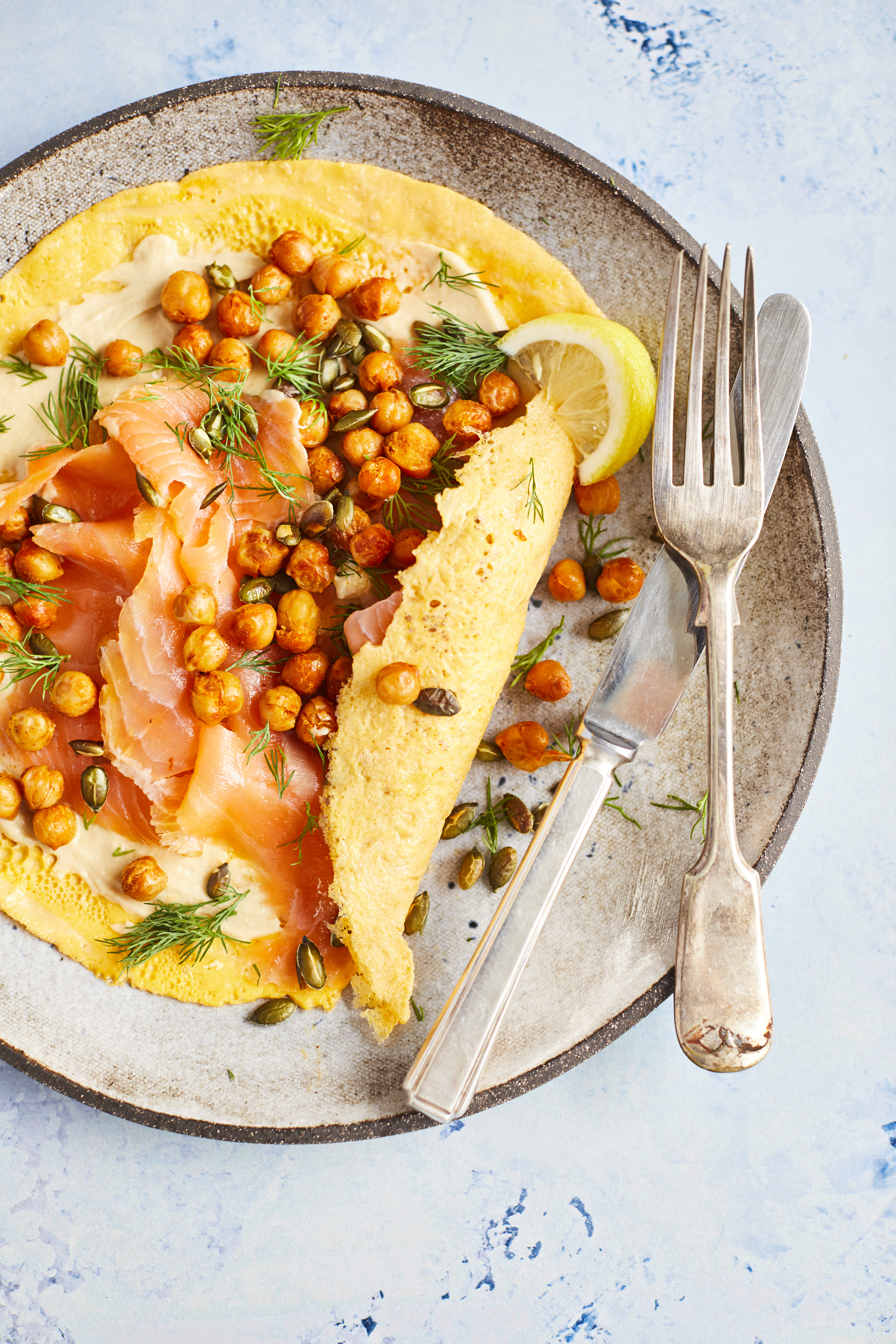 Omelette Wraps with Smoked Salmon & Spiced Chickpeas