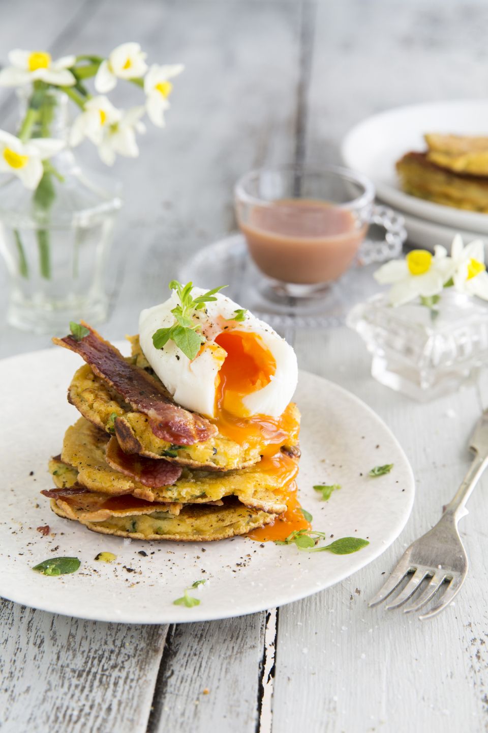 Courgette Pancakes with Crispy Bacon & Poached Eggs