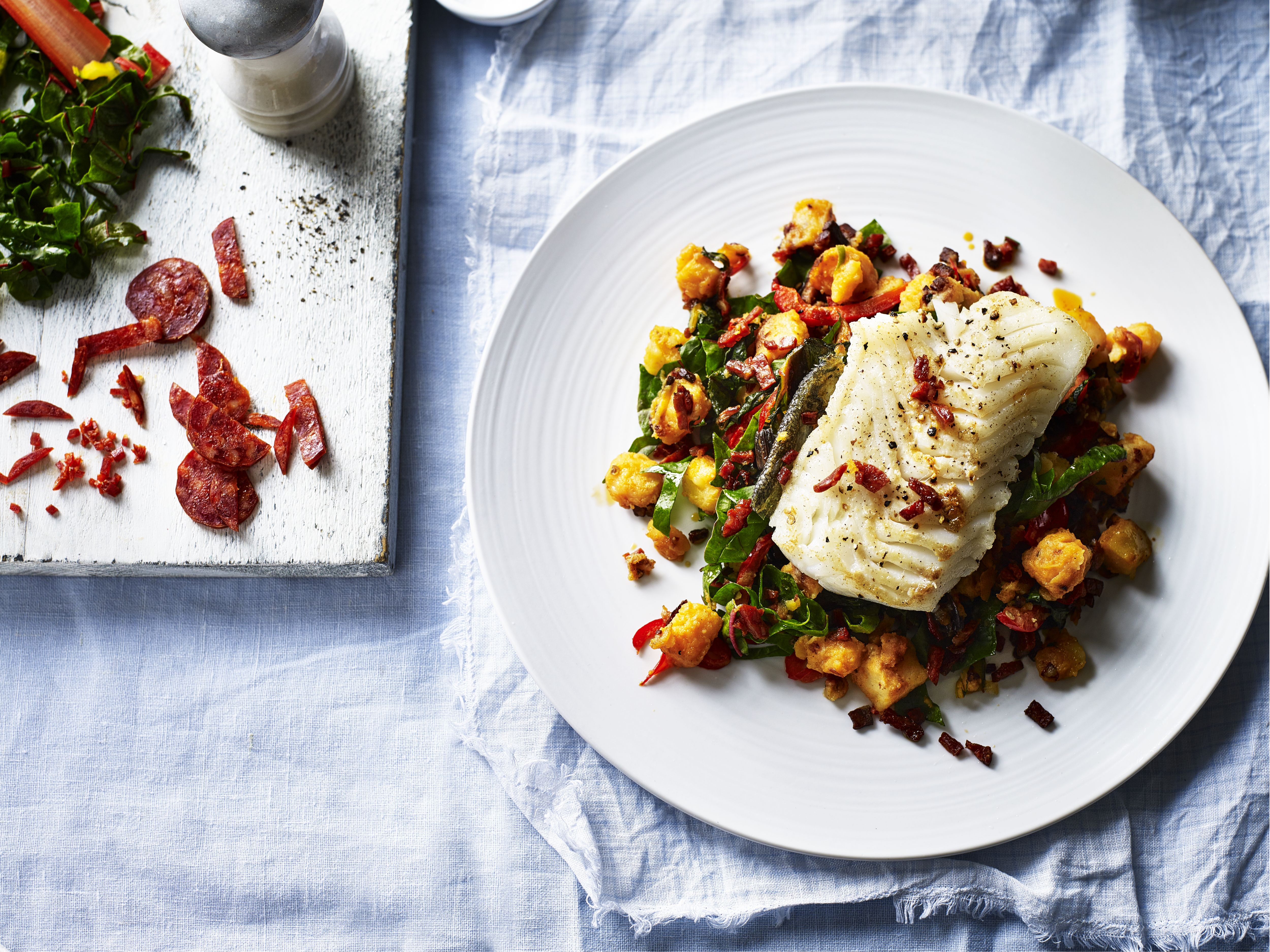 Pan Seared Cod with Potatoes & Chorizo