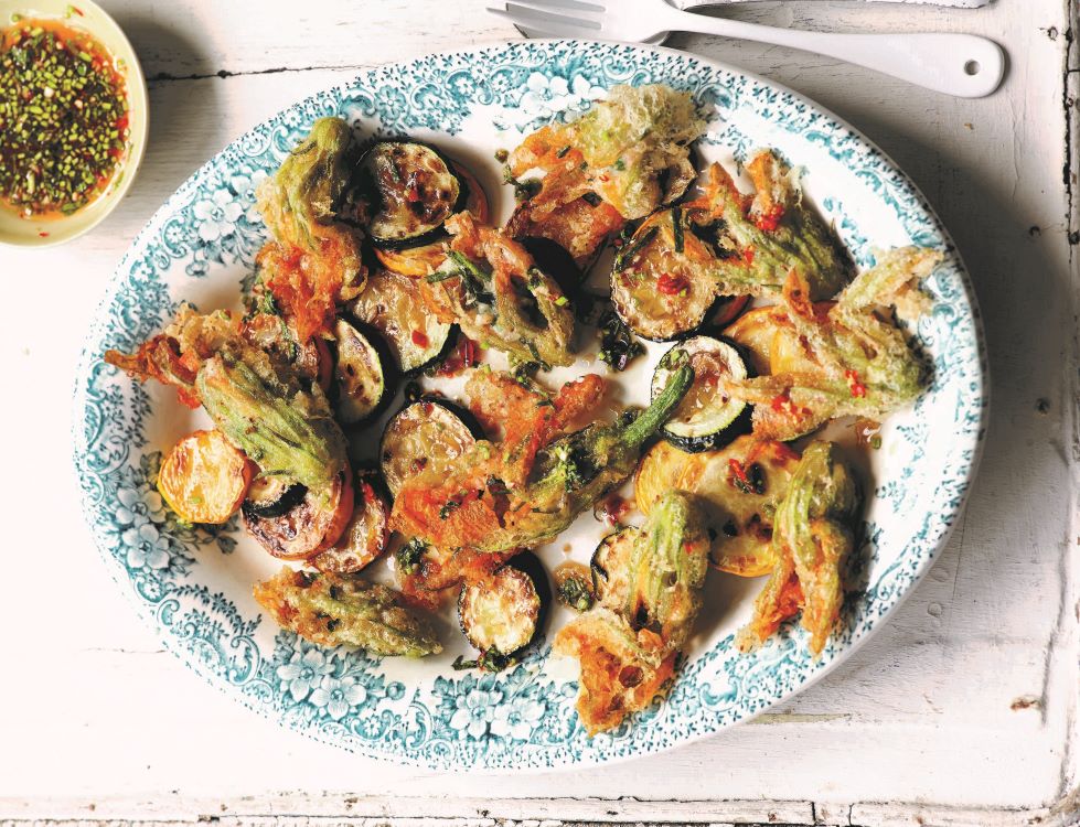 Fried Courgette Flowers with Prawns & Chives