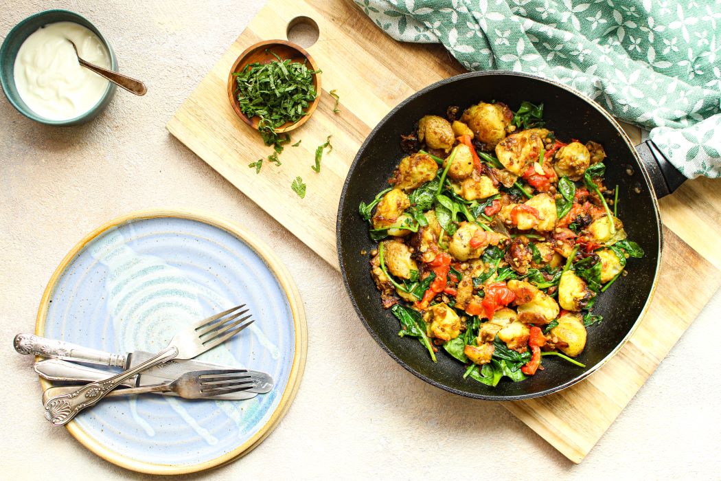 Curried Potato Hash with Roast Pepper, Lentils & Yogurt