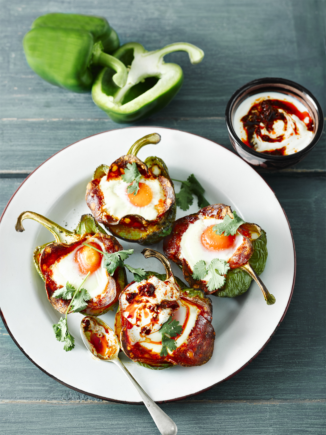 Roasted Green Pepper Pot with Baked Eggs, Chorizo and Harissa Yoghurt