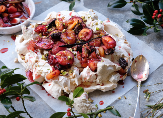 Hazelnut Pavlova with Spiced Roast Fruit & Chai Cream