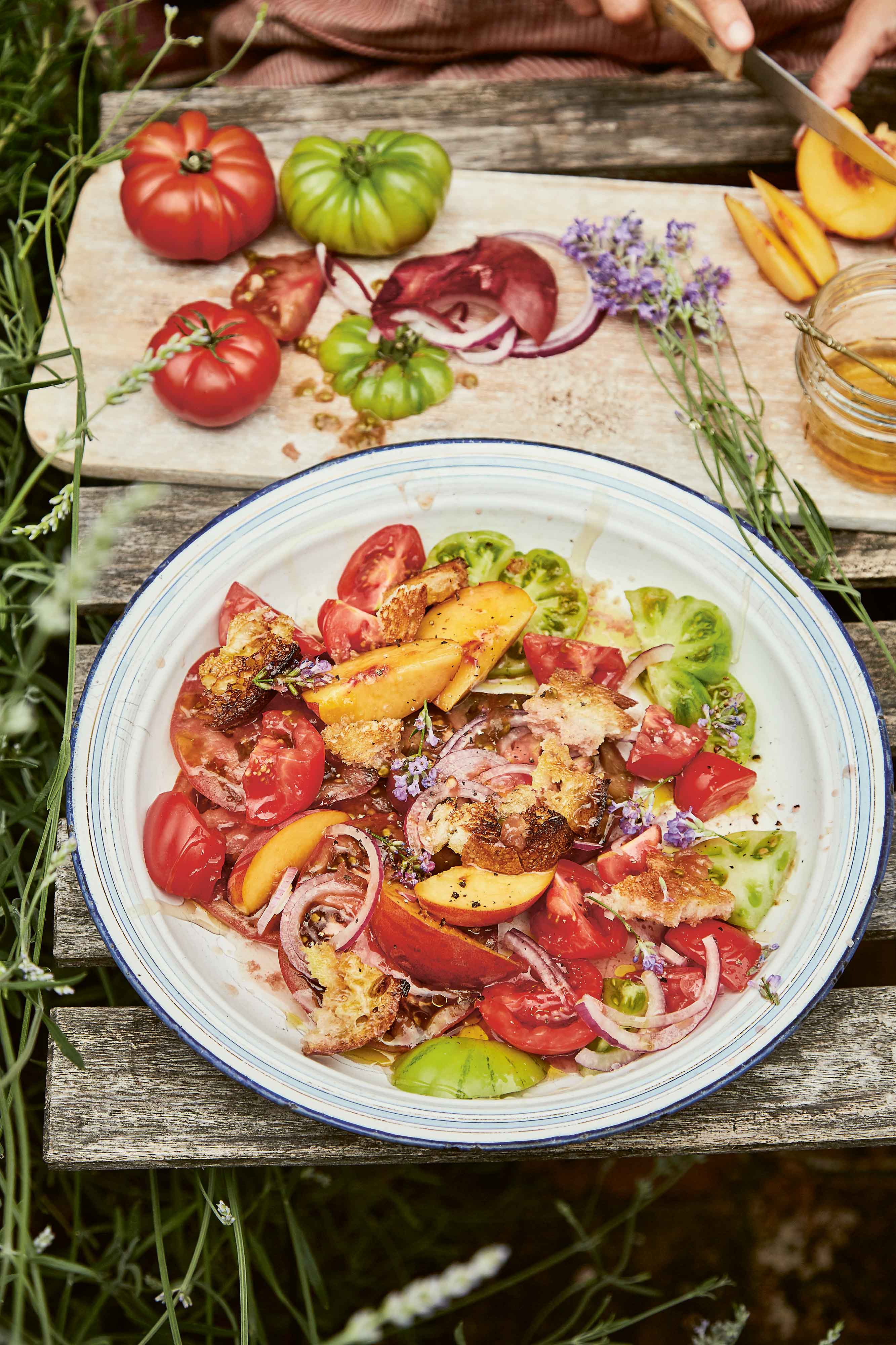 Tomato & Peach Panzanella with Honey, Smoked Salt & Lavender