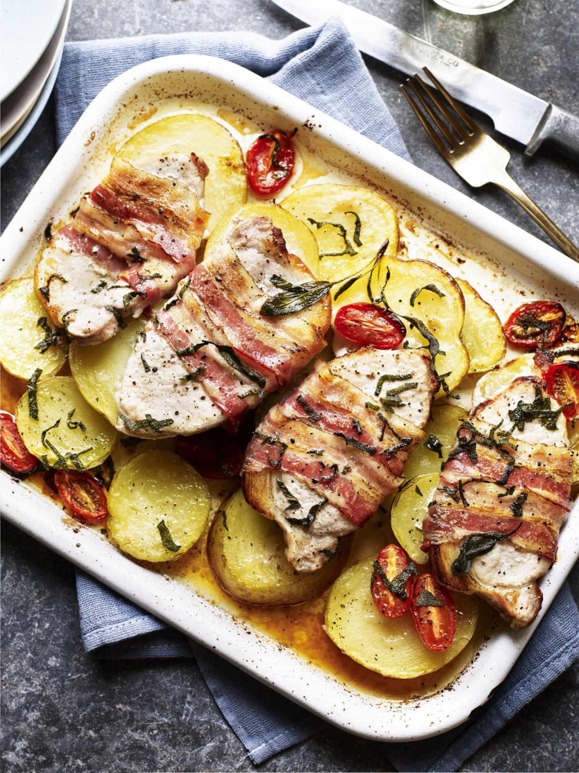 Sage & Lemon Potatoes with Pork Loin Steaks & Crispy Pancetta