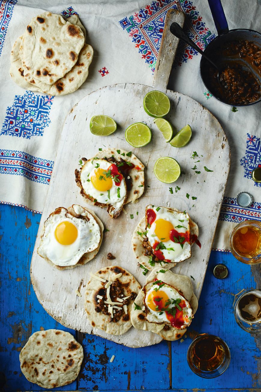 Refried Beans, Fried Egg & Chilli Salsa Tacos