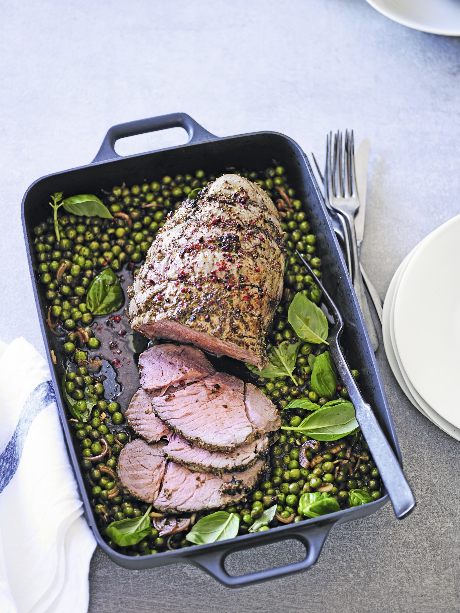 Roast Beef with Pink Peppercorns, Peas & Basil