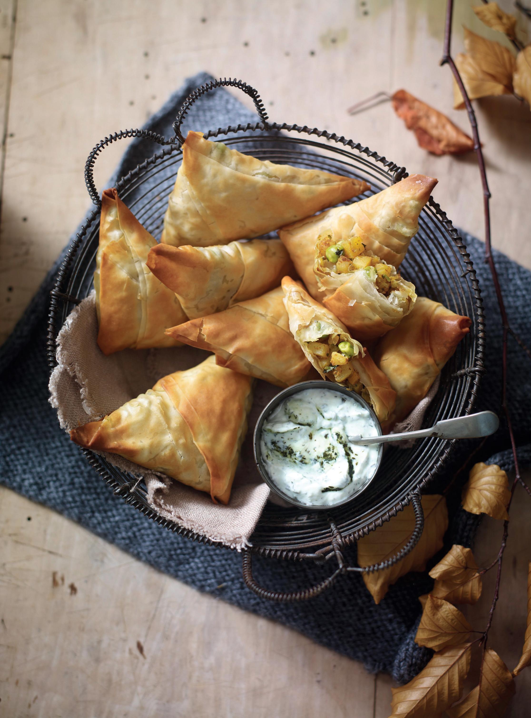 Root Vegetable Samosas With Mint Raita