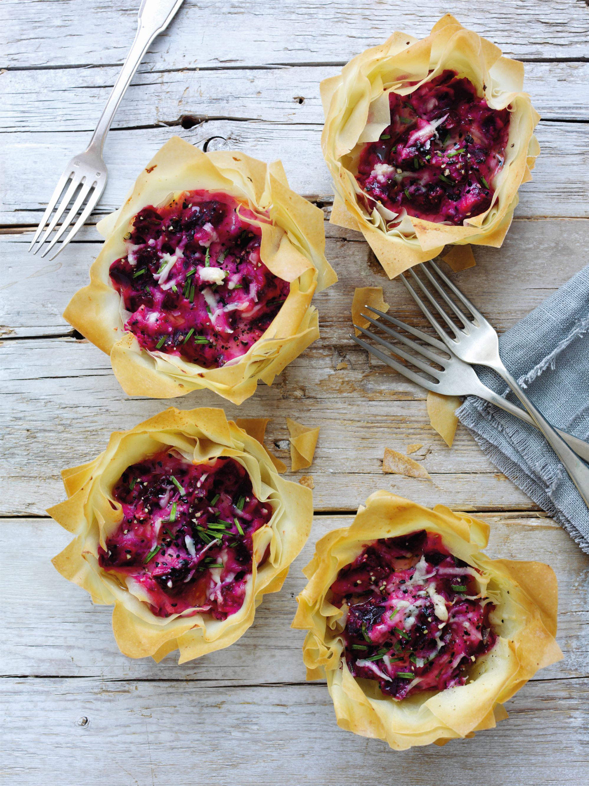 Beetroot & Ricotta Filo Tarts with Nigella Seeds