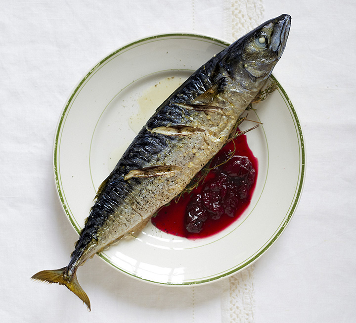 Whole Baked Mackerel with Spiced Cherry Sauce