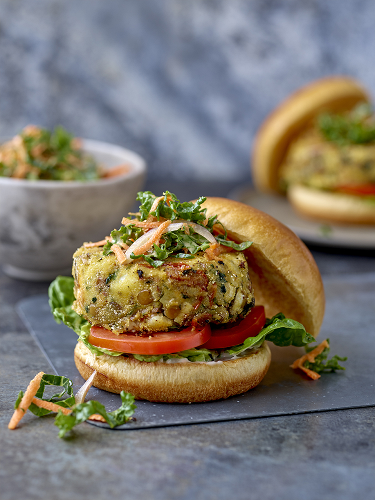 Jersey Royal, Lentil and Feta Burgers