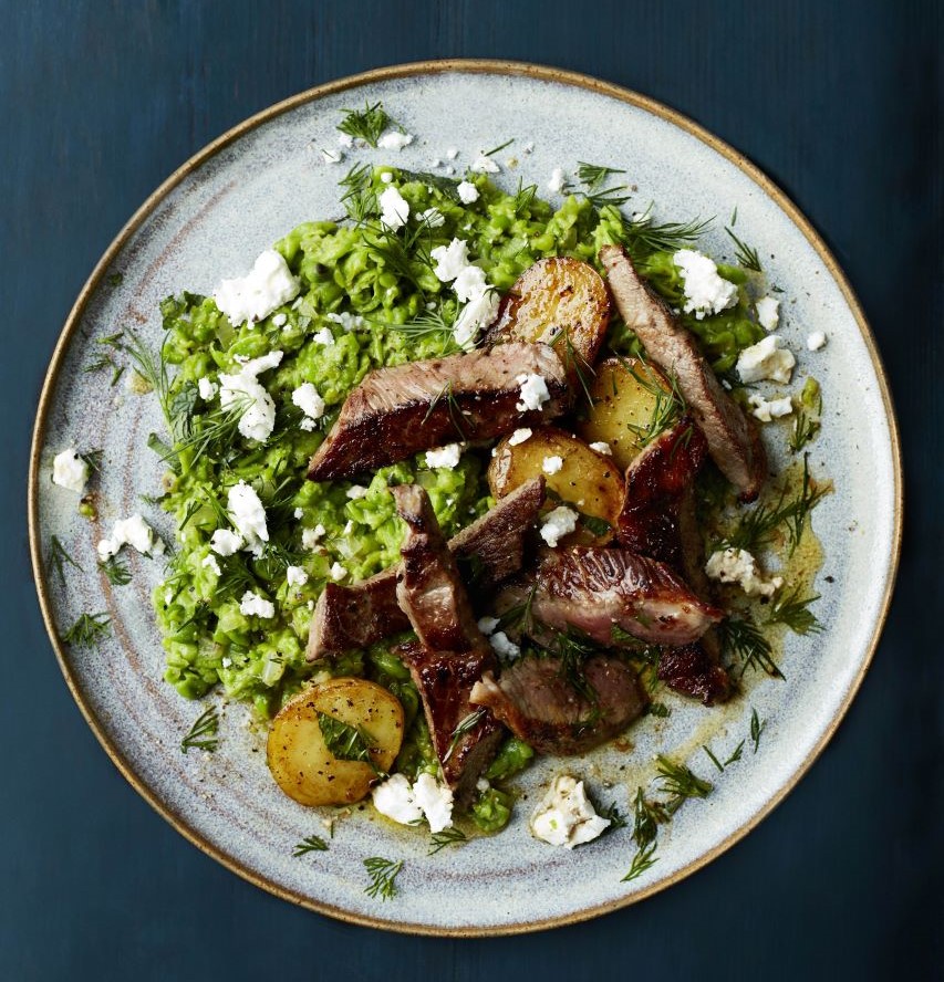 Lamb Leg Steaks with Crushed Peas, Dill & Feta