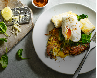 Indian Spiced Potato Rosti, Haddock & Poached Egg Stack