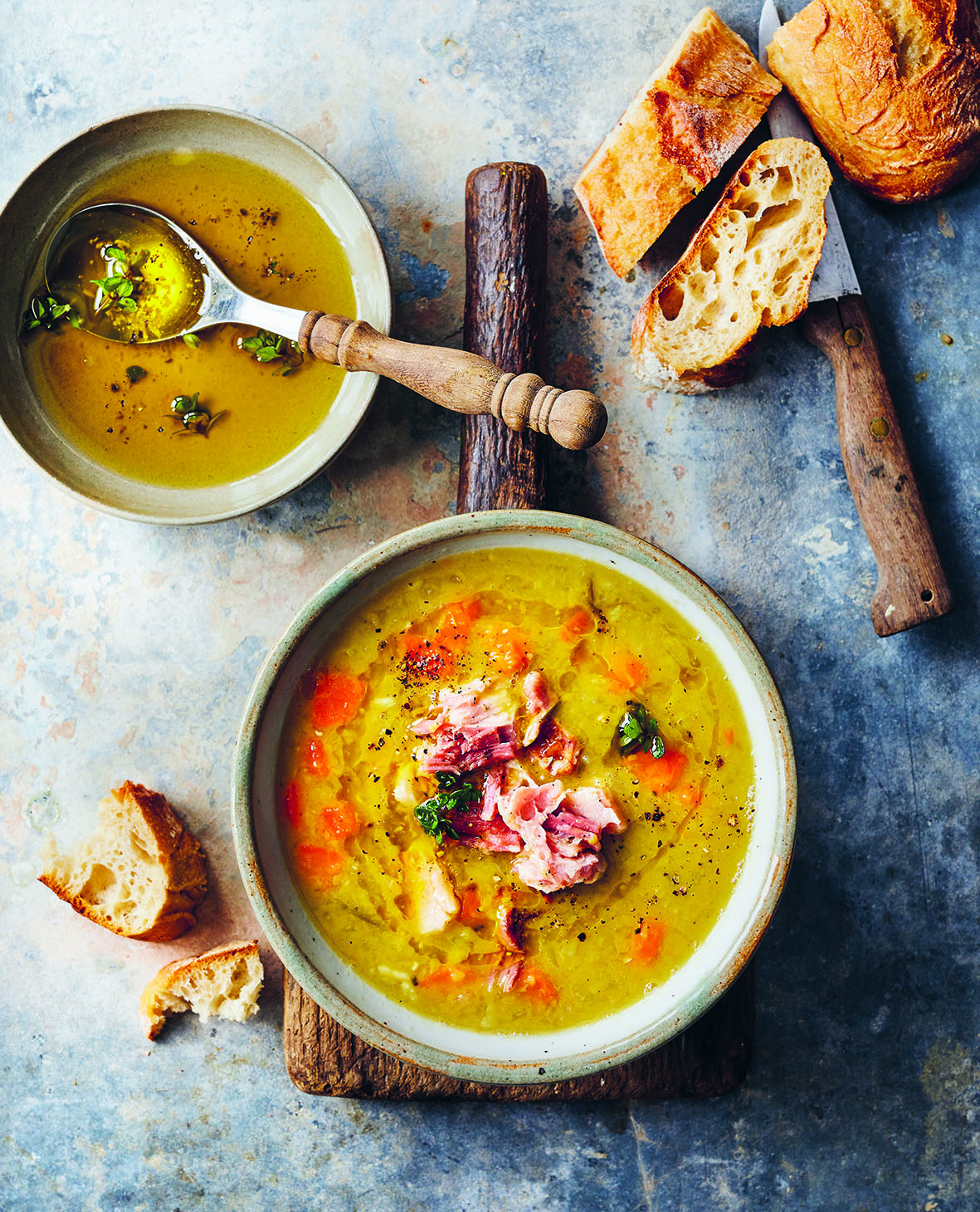 Pea & Ham Soup with Lemon & Thyme Oil