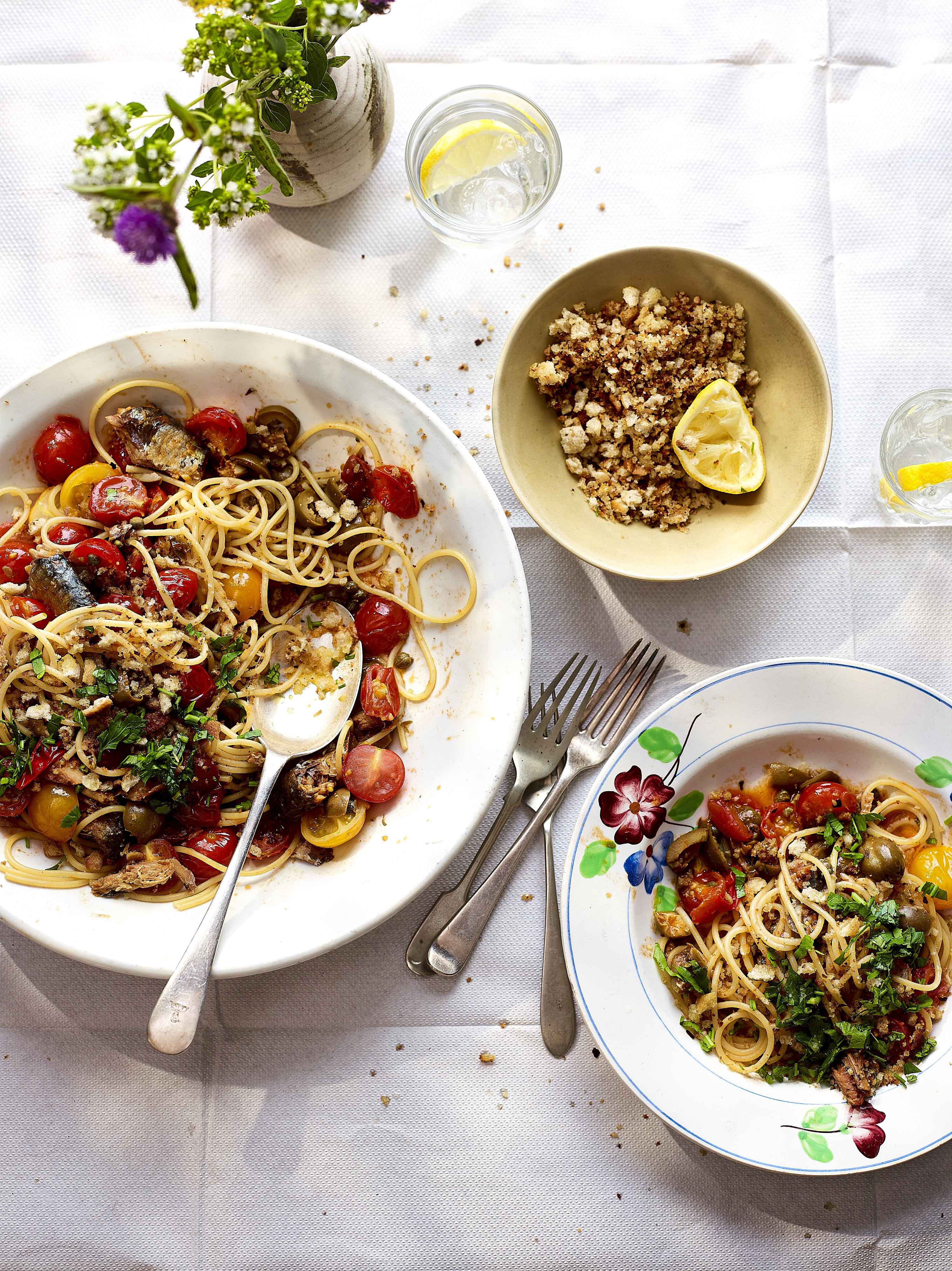 Sardine & Green Olive Spaghetti with Chilli Crumbs