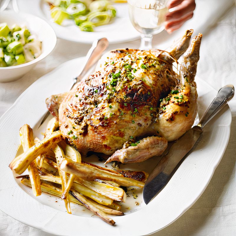 Roast Chicken with Creamed Leeks & Parmesan Parsnips