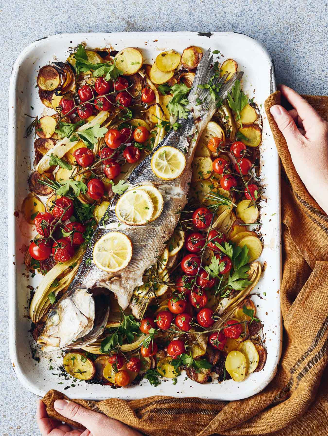 Roast Sea Bass with Potatoes, Fennel & Tomatoes